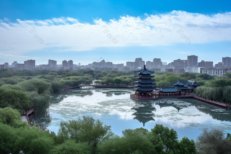 公园湖泊旁的古代楼阁大气雄伟,高清,摄影图,摄影图片,图片大全,摄影图免费下载